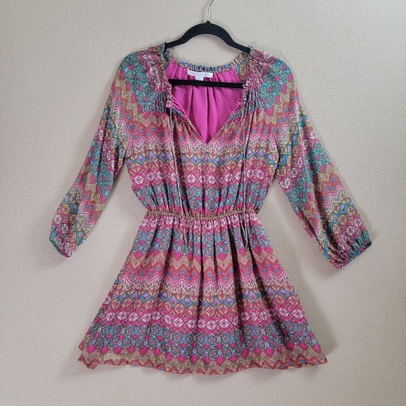 Diane von‎ Furstenberg Parry Dress Women 4 Pink Silk Geometric Floral Mini Boho - Picture 3 of 15